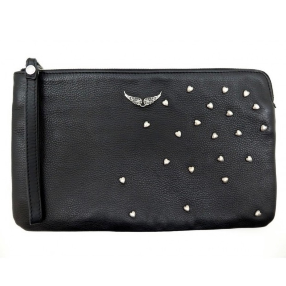 Zadig & Voltaire Black Uma Heart Wristlet Clutch Bag in Pebbled Leather